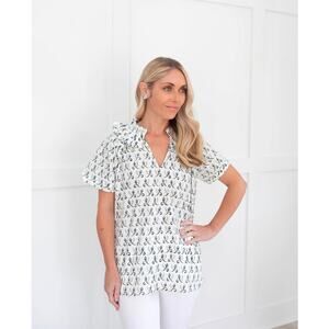 SAULE PARC 100% Cotton Ruffle Neckline Short Sleeved Blouse Floral Sz M Prarie